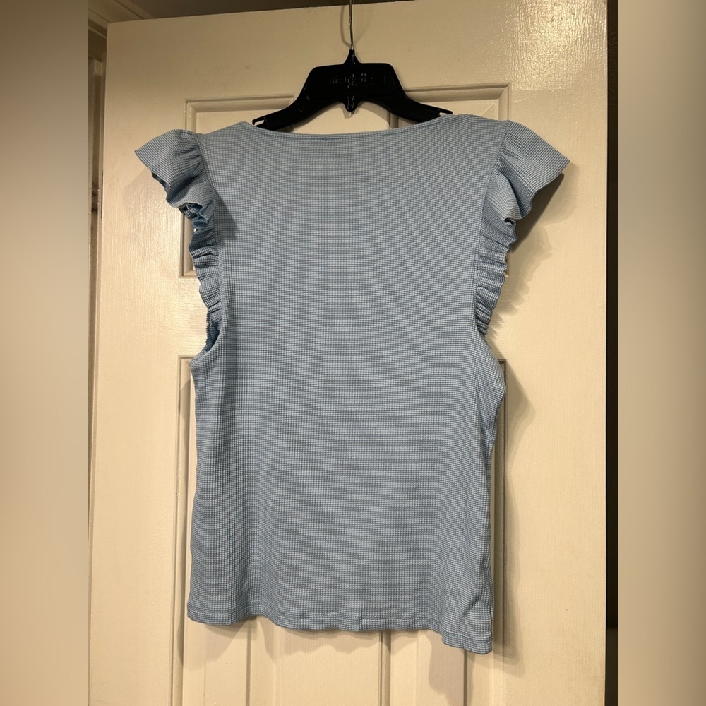 J. Crew Vintage rib ruffle-sleeve shirt Baby Blue Coastal Resort Size large - Picture 9 of 10